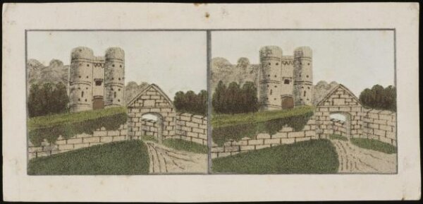 Unknown, Stereoscopic photograph with sand depicting Carisbrook Castle
