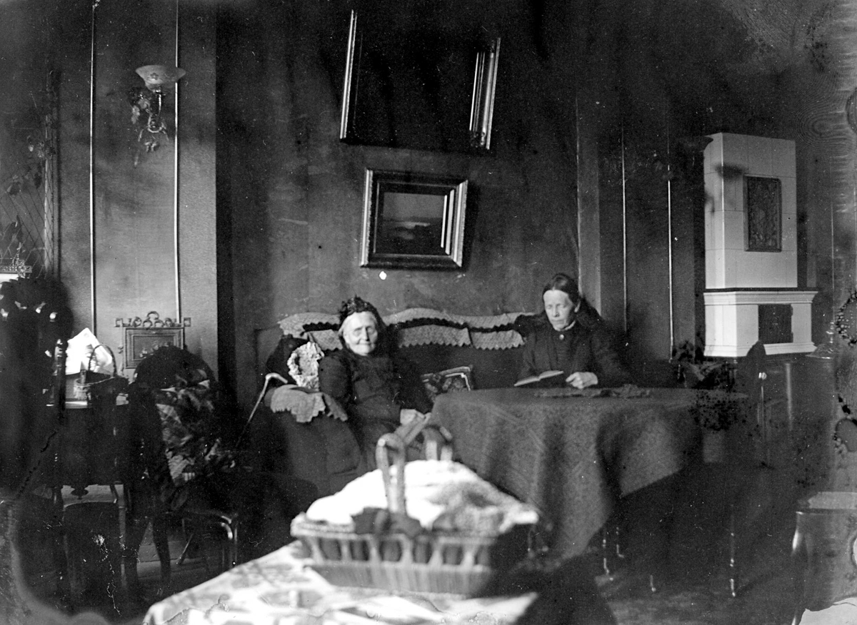 Juliane Fredrikke Langberg, Interiør med 2 kvinner, ant. på kappelangården Bergenhus i Rakkestad hvor fotografens søster Louise var gift med res.kap. Olaf A.Holm (i tjeneste der 1884-97). Den yngste lesende t.h. er muligens Emily Langberg, fotografens eldste søster. Eldre dame t.v. i rikt møblert rom med hvit ovn t.h. Krykke …