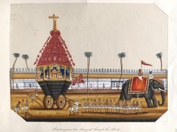 Unknown, One of sixteen mica paintings depicting Hindu deities and festival processions with decorated cars.