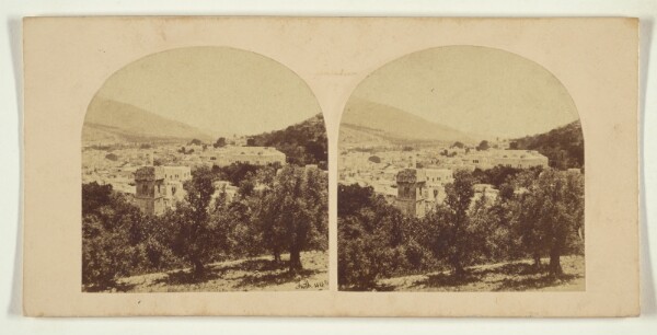 Francis Frith, Nablous, The ancient Sichem, or Shechem, seen from the south-west. Mount Ebal is seen to the left, and Mount Gherizim to..right.