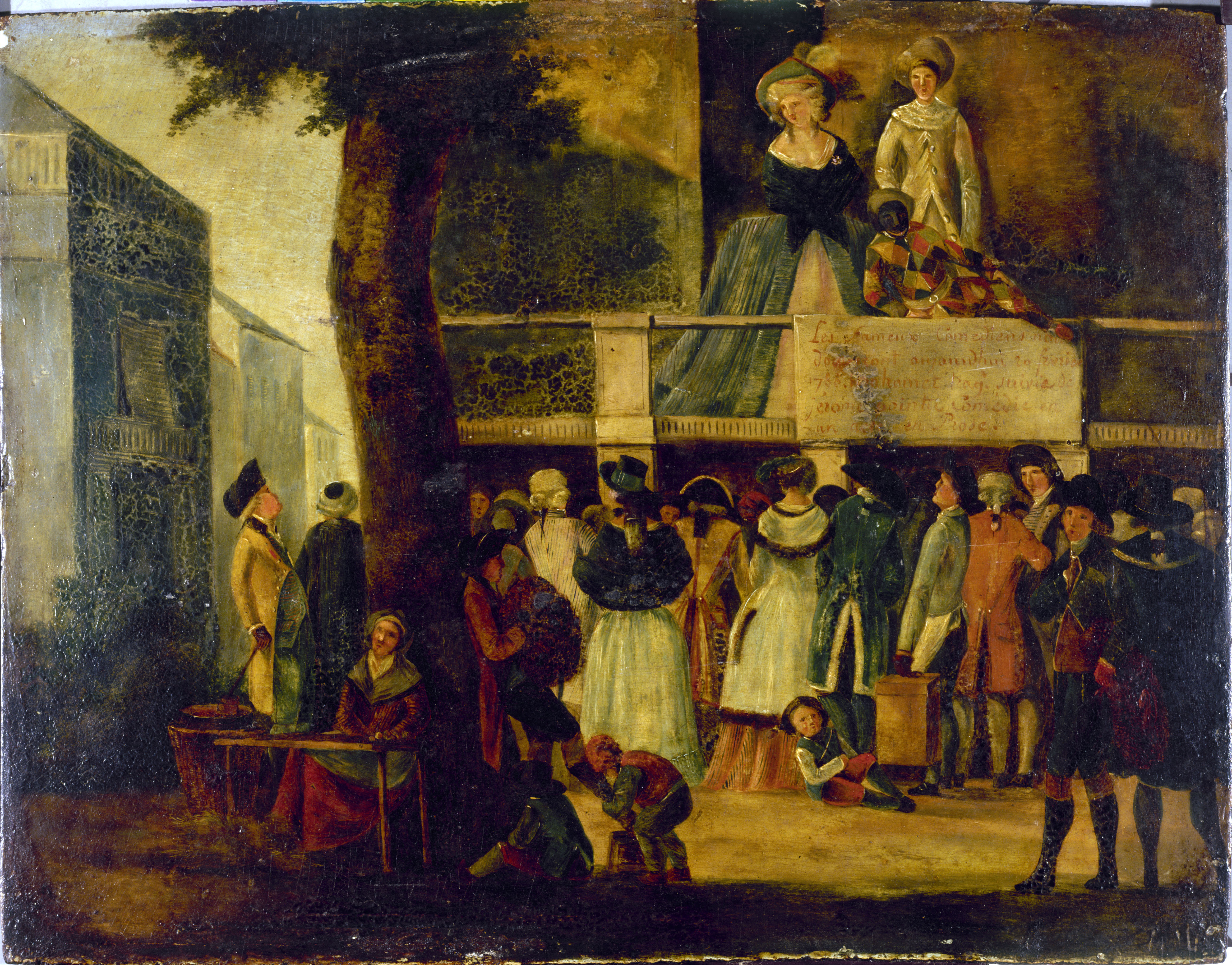 Ecole française, Parade devant un théâtre des boulevards ; théâtre des Associés, boulevard du Temple (?)