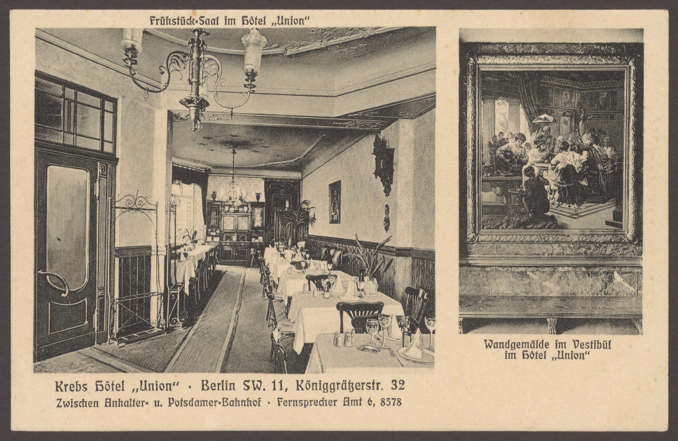 Graphisches Institut Urania (Charlottenburg), Ansichtskarte "Krebs Hôtel Union", Frühstückssaal und Gemälde, Königgrätzer Straße [2/2]