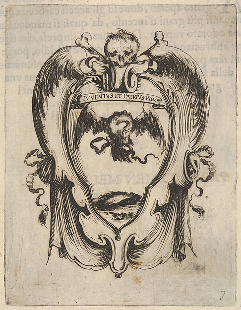 Stefano della Bella, A cartouche with an eagle and a snake, a skull and crossbones at top, wings to either side, from "Eight Emblems for the Funeral of Francesco de Medici" (Huit emblèmes pour les funérailles du prince François de Médicis)