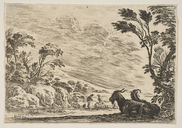 Stefano della Bella, Two goats resting to right, turned towards the left, four men and a horse in a river in the background, plate 9 from "Various Figures" (Agréable diversité de figures)
