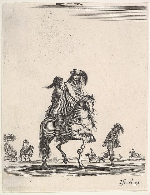 Stefano della Bella, A horseman and his wife, seated side-saddle behind him, riding towards the right, other horsemen and footsoldiers in the background, from "Various cavalry exercises" (Diverses exercices de cavalerie)