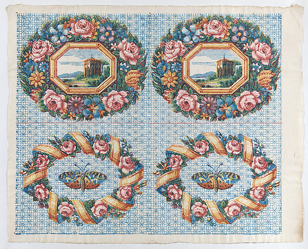 Anonymous, Sheet with two borders with a landscape and moth within wreaths
