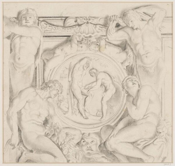Unknown, A medallion supported by four telamons showing Marsyas flayed by Apollo