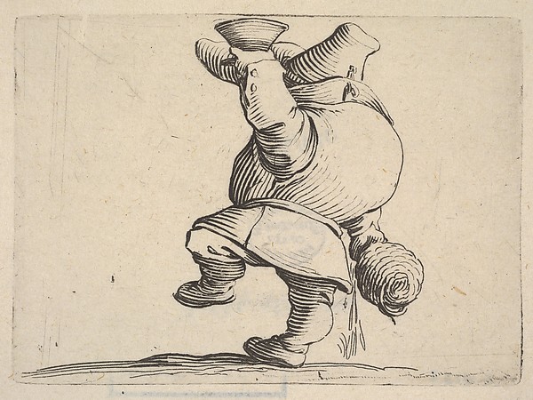 Jacques Callot, Small male figure in profile view whose face is hidden by his upraised arm holding a cup, with lowered hand grasping a vessel, from "Varie Figure Gobbi"