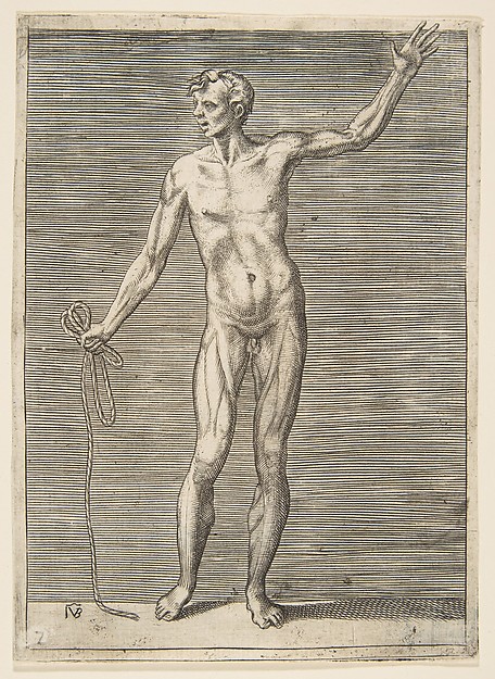 Giulio Bonasone, Man seen from the front, holding a rope in his right hand