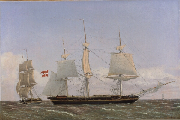 C.W. Eckersberg, En dansk korvet, som ligger bi for at tale med en dansk orlogsbrig. Scenen er tænkt at foregå i Vestindien