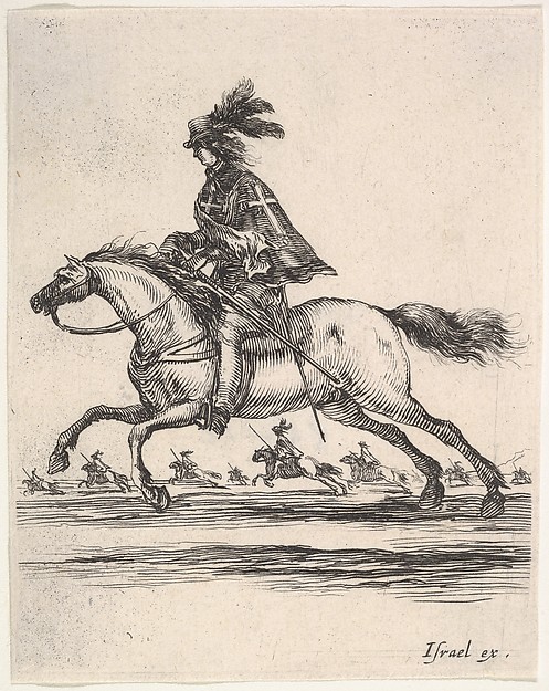 Stefano della Bella, A musketeer galloping towards the left, other horsemen galloping towards the left in background, from "Various cavalry exercises" (Diverses exercices de cavalerie)