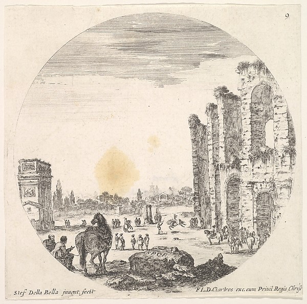 Stefano della Bella, Plate 9: the Arch of Constantine to left, part of the Colosseum to right, from "Roman landscapes and ruins" (Paysages et ruines de Rome)