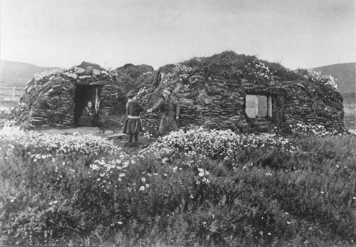 Ellisif Rannveig Wessel, Samisk torvgamme, Maja Nilsens gamme, utenfor står søsknene Nils Maja, Anna og Gaisa Halt (i døråpningen), Vestre Jacobselv, Vadsø, Finnmark, 1897. Blomstereng.