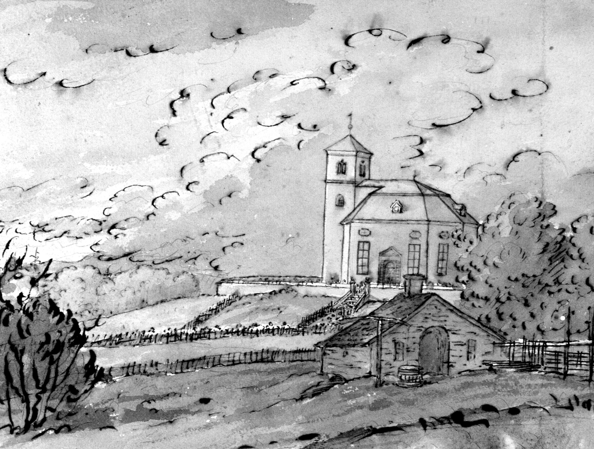 Anno Domkirkeodden, TEGNING, AKVARELL: VANG KIRKE CA 1817 ETTER OPPBYGGING ETTER BRANNDUBLETT: 414-793.