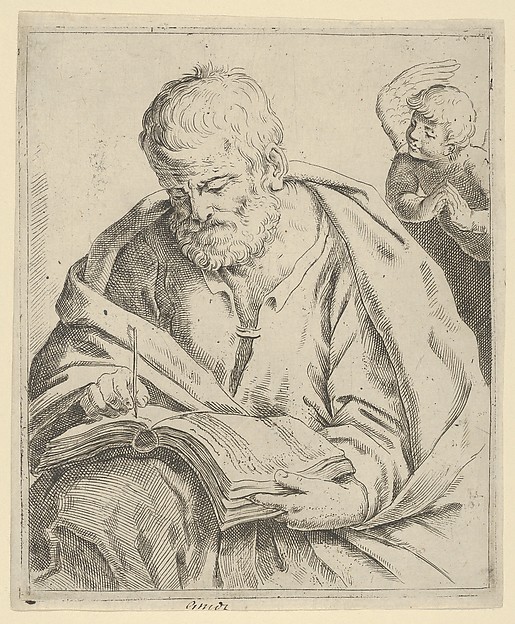 Anonymous, Old man seated and writing in a book, an angel at right looking over his shoulder