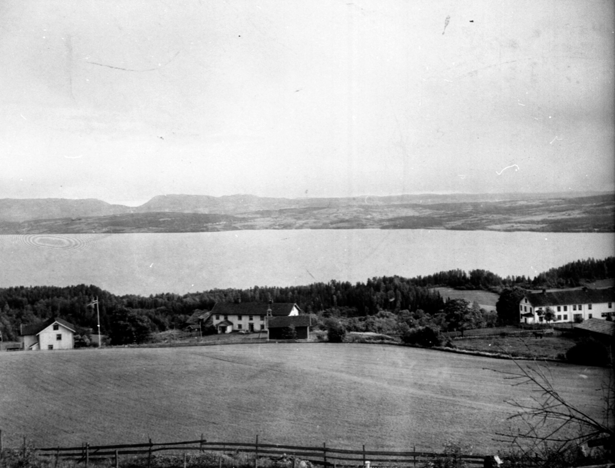 Anno Domkirkeodden, Utsikt fra Flågåbakken mot Aske-gården, nordre, mellom og østre. Mjøsa og Skreia i bakgrunnen.