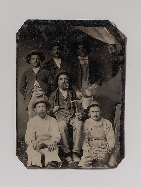 Unknown, [Six Workmen Holding Various Trade Tools: Paint Brushes, Bucket, Glass Bottle, and Hatchet]