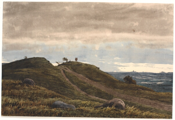 P.C. Skovgaard, Landskab med en sandet vej, der fører over en lyngbakke. Til højre udsigt over vidtstrakt land med tørvemoser. Fra Raageleje-egnen?