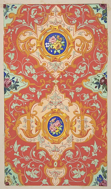 Jules-Edmond-Charles Lachaise, Design for wallpaper featuring strapwork, rinceaux, and cartouches filled with bouquets of roses