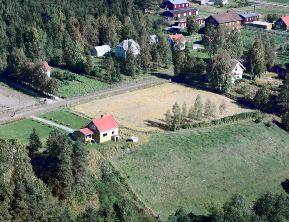 Widerøes Flyveselskap A/S, Flyfoto, Klevbakken. Ådalsbruk. Viser huset til familien Imsdalen i forgrunnen. Med Ingeniørboligen blant trærne og den gjenværende Tregården i bakgrunnen. Løten.