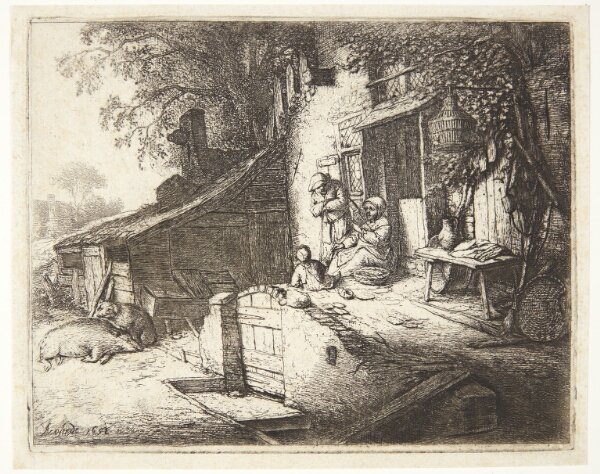 Adriaen van Ostade, Kvinde, der spinder foran et bondehus