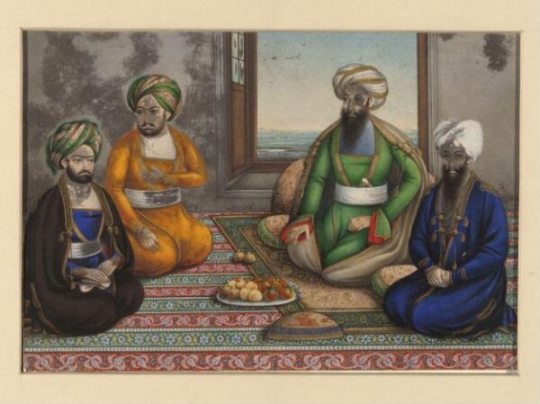 Unknown, Dost Muhammad (d.1863), Amir of Afghanistan, with his three sons, Muhammad Akram Khan, Haidar Khan and Abdul Ghani Khan, seated on a carpet