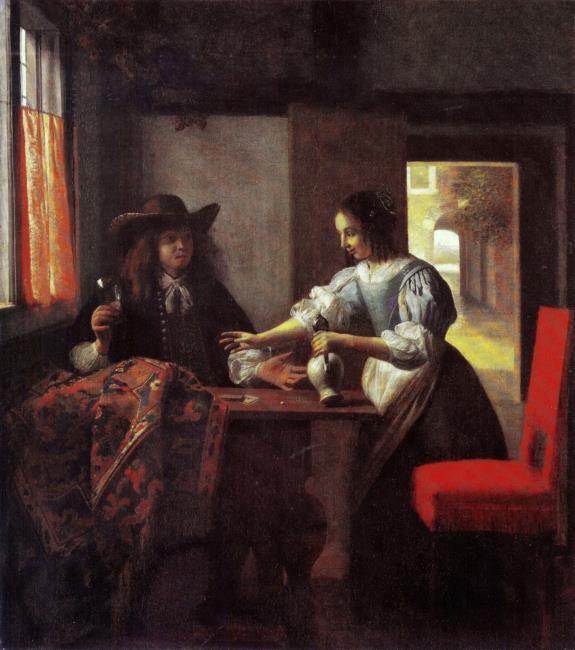 Pieter de Hooch, Man with a glass and a woman with a jug in an interior