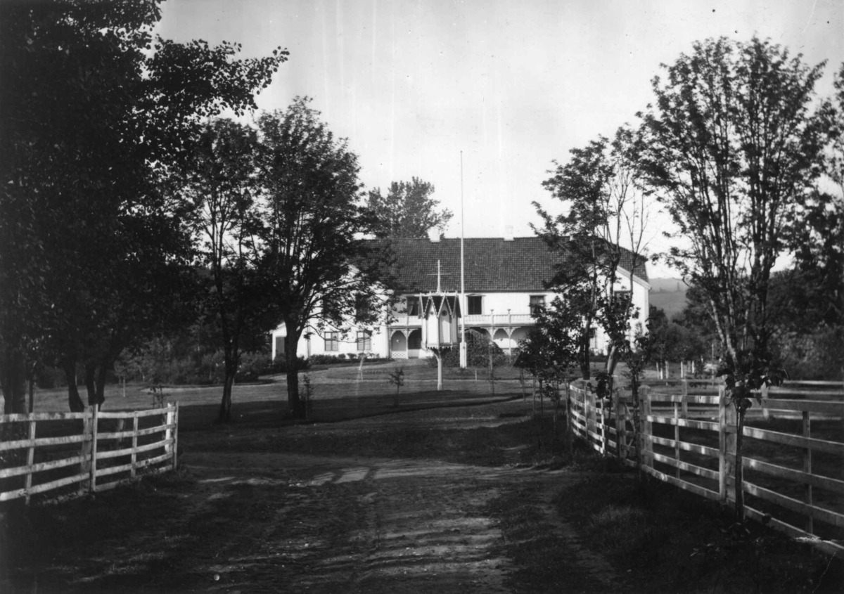 Fredrik Emil Faye, Dal gård, Ullensaker. Hovedbygning med parken foran. Gjerder. Fra serie fotografert av kammerherre Fredrik Emil Faye (1844-1903), gårdens eier.