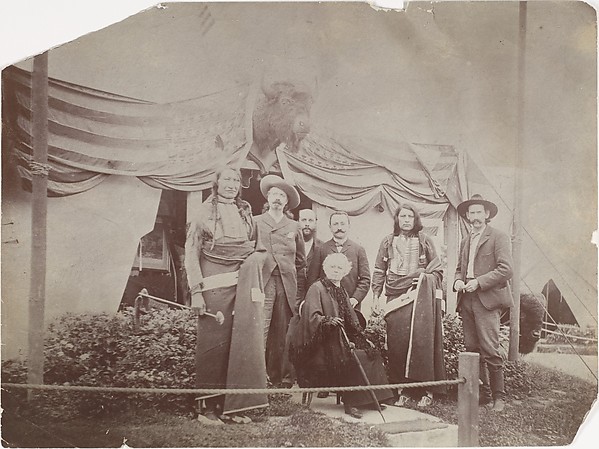 Unknown, [William F. "Buffalo Bill" Cody, Rosa Bonheur, Chief Rocky Bear, Chief Red Shirt, William "Broncho Bill" Irving, Roland Knoedler, and [Benjamin?] Tedesco in front of Cody's Tent at the Paris Exposition Universelle]