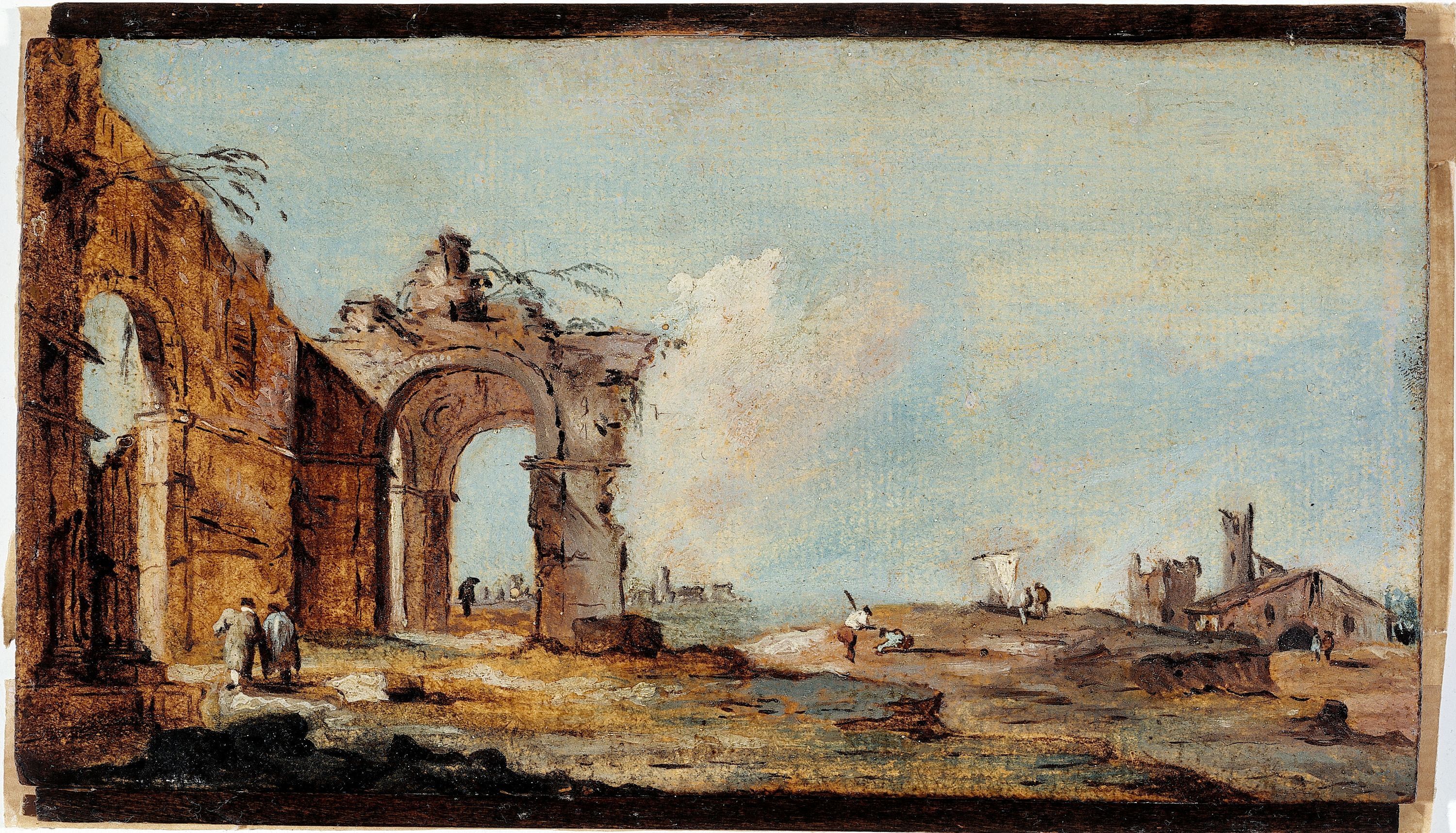 Francesco Guardi, Caprice, avec arc en ruine et maisons de pêcheurs