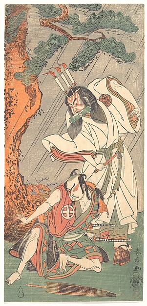 Katsukawa Shunshō　勝川春章, Kabuki Actors Ichimura Uzaemon IX as Ko-kakeyama and Ōtani Hiroji III as Kōga Saburō