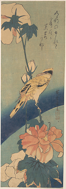 Utagawa Hiroshige, Black-naped Oriole Perched on a Stem of Rose Mallow