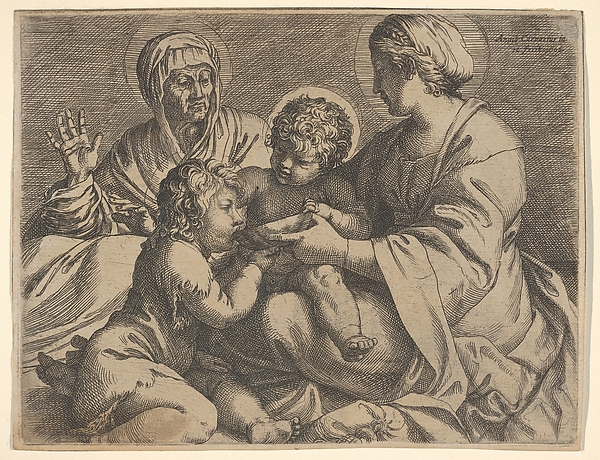 Annibale Carracci, Madonna and Child with Saints Elizabeth and John the Baptist (Madonna della Scodella), the seated Mary and the infant Christ hold a cup from which the young Baptist drinks, Elizabeth lifts both hands