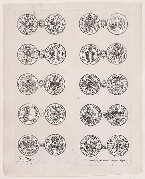 Jacques Callot, Plate 3, Featuring 10 Coins Issued by European Princes in the 16th and 17th centuries, from "Les Monnaies" (The Currencies)