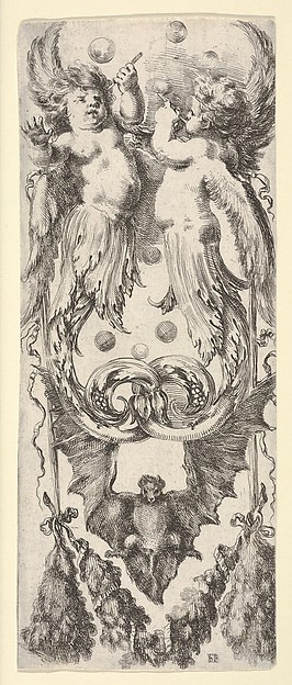Stefano della Bella, Two putti above, their legs ending in scrollwork, a bat below,, from "Ornaments or Grotesques" (Ornamenti o Grottesche)