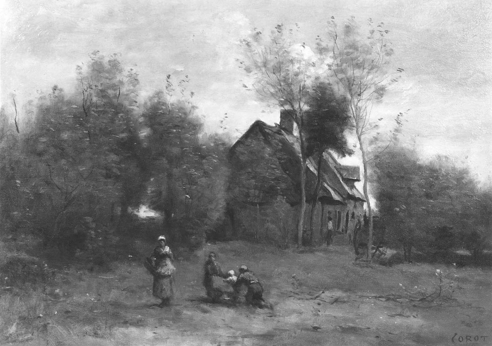 Jean-Baptiste Camille Corot, Farmyard at Sin, near Douai, with Children at Play