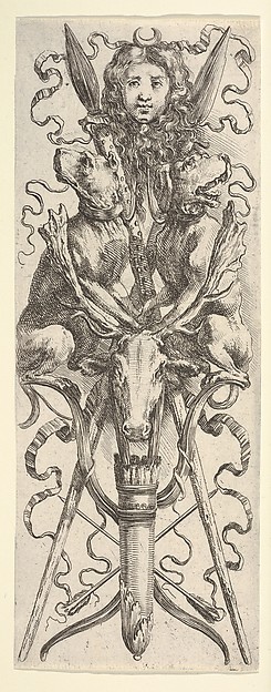 Stefano della Bella, A hunting trophy: a quiver, two arrows, two bows, a deer head, two dogs, two spears, and the head of Diana at top, from "Ornaments or Grotesques" (Ornamenti o Grottesche)
