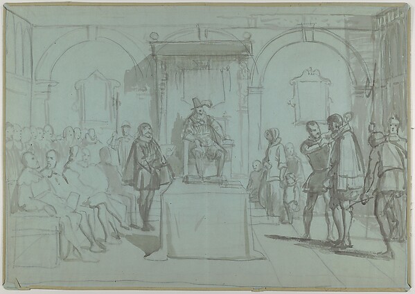 Wilhelm Marstrand, King Christian IV of Denmark Judging Christoffer Rosenkrantz; verso: Don Quixote and Others Attending Master Peter's Puppet Show
