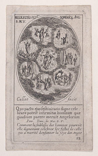 Jacques Callot, Réunion des fêtes de la Sainte Vierge (Collection of the Feasts Dedicated to the Virgin): The Immaculate Conception, The Visitation, The Birth of Christ, The Presentation at the Temple, The Purification, The Assumption, and the Reception of the Virgin in Heaven, scene 12 from Images des Fêtes Mobil…