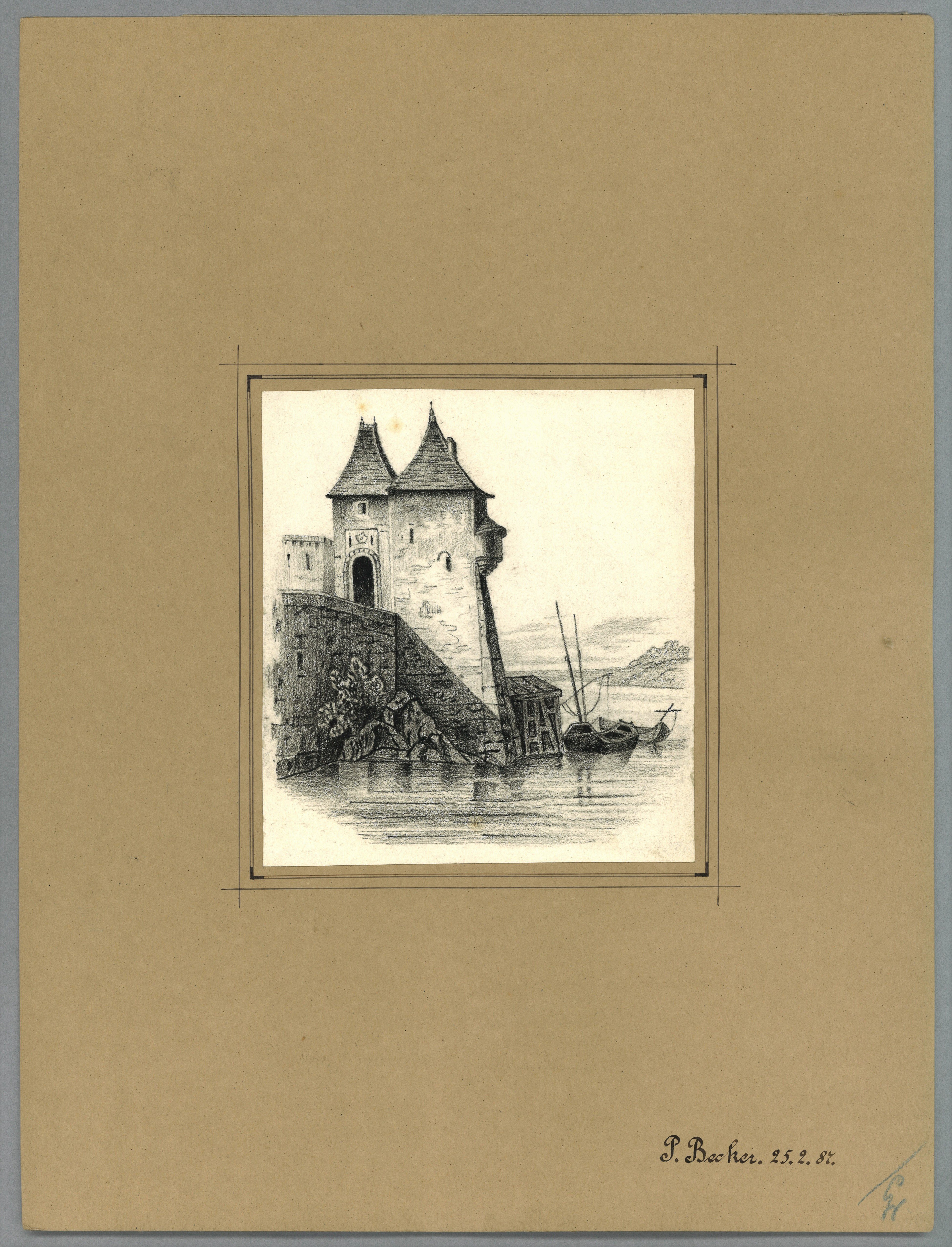 Paul Becker (Lehrer), Unidentifizierter Ort: Turm einer Stadtbefestigung an einem Fluss