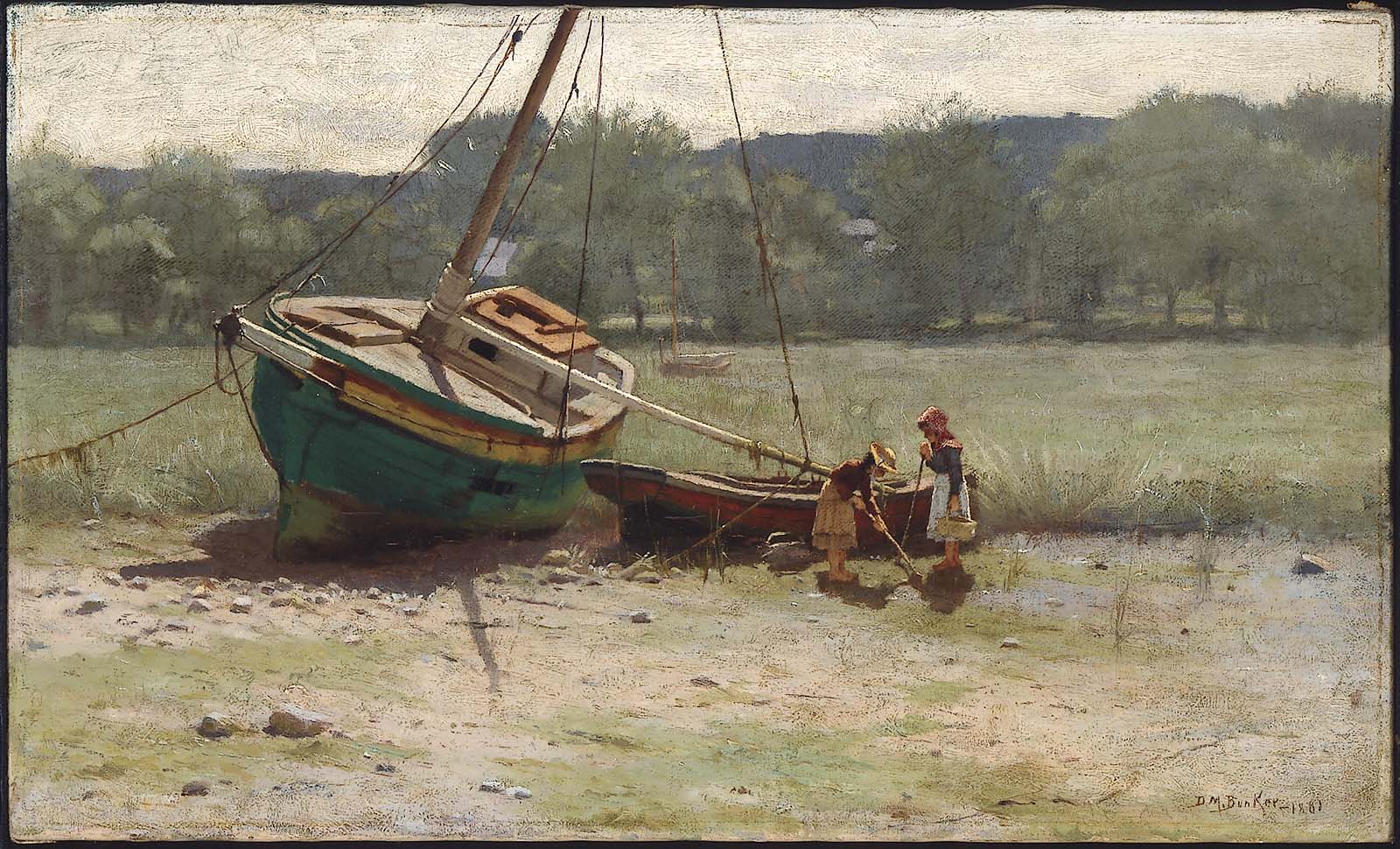 Dennis Miller Bunker, Salt Marsh Landscape with Two Children near a Beached Sailboat and Dory