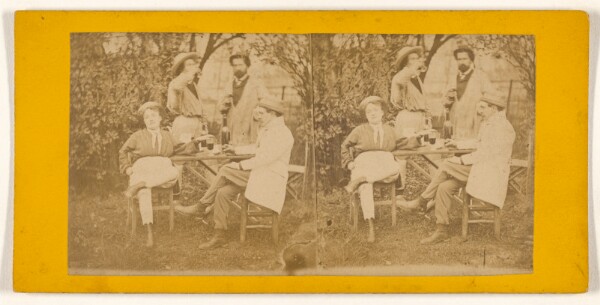 Unknown, [Three men and a woman gathered around a table drinking]