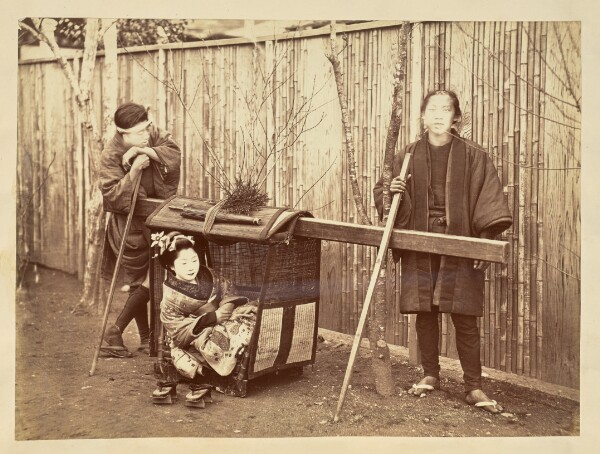 Unknown, [Woman in a palanquin with two carriers]