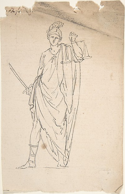 Anonymous, French, 18th century, Drawing of Female Statue with Sword and Scale