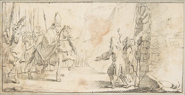Giovanni Battista Tiepolo, Illustration for a Book:  Reception of a Bishop Leading an Army at a City Gate