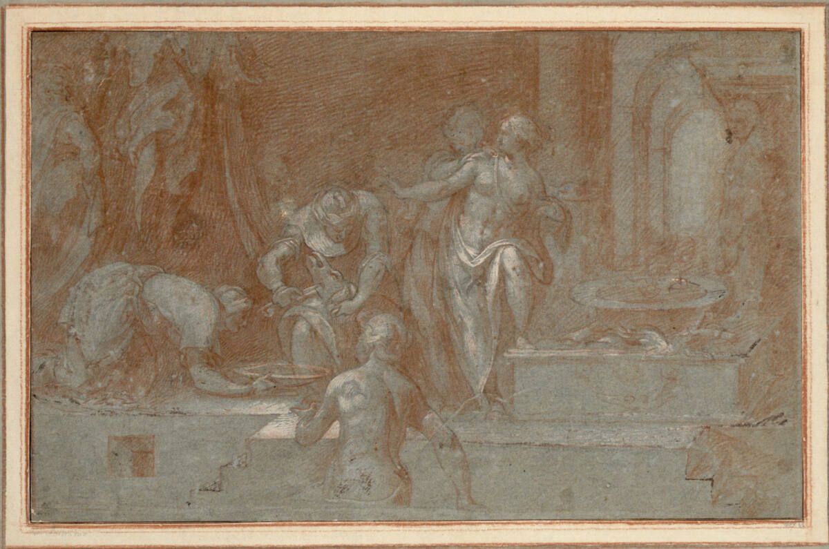 Anonym, Medea betrügt die Töchter des Pelias, die den Vater verjüngen wollen. Sie töten und zerstückeln den Alten vergebens (Ovid, Met. VII, 298-350)