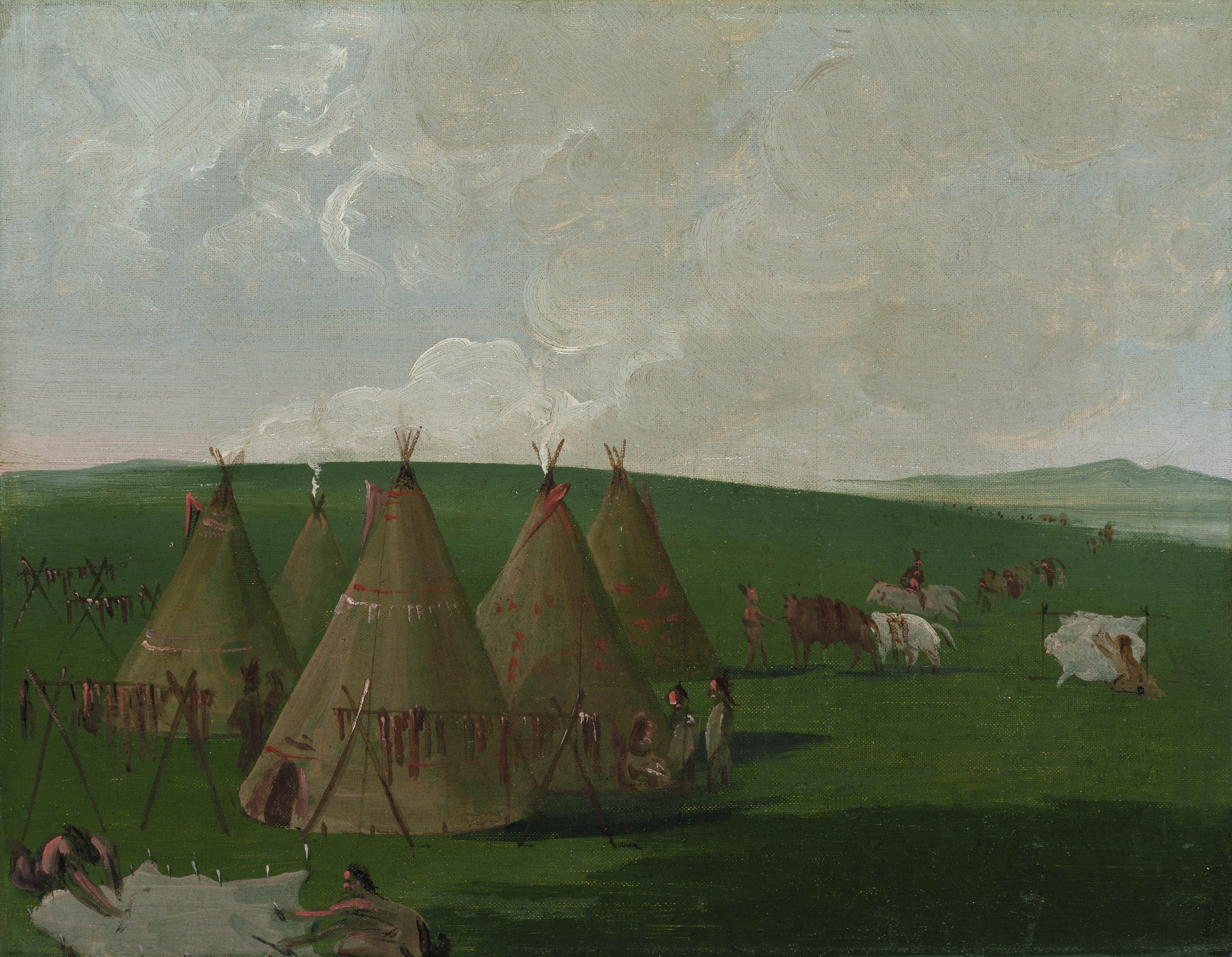 George Catlin, Sioux Encamped on the Upper Missouri, Dressing Buffalo Meat and Robes