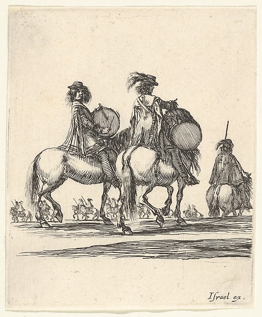 Stefano della Bella, Two musketeers with drums on horseback following a procession to the right, from "Various cavalry exercises" (Diverses exercices de cavalerie)