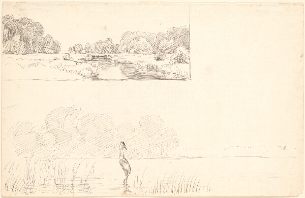 P.C. Skovgaard, Studieblad med to landskaber, foroven en å bag hvis flade bredder man både t.h. og t.v. ser skovbryn. Forneden en sø med en hejre mellem siv, i baggrunden skov og bakker.