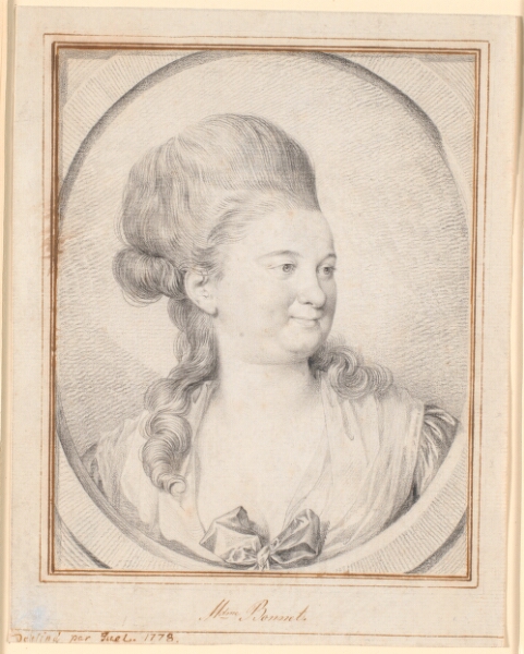 Jens Juel, Portræt af Madame Charles Bonnet, født de la Rive. Brystbillede i trekvart profil mod højre i tegnet stenoval